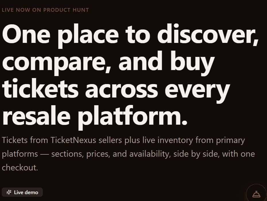 TicketNexus live demo on Product Hunt — listings side by side with Ticketmaster live inventory