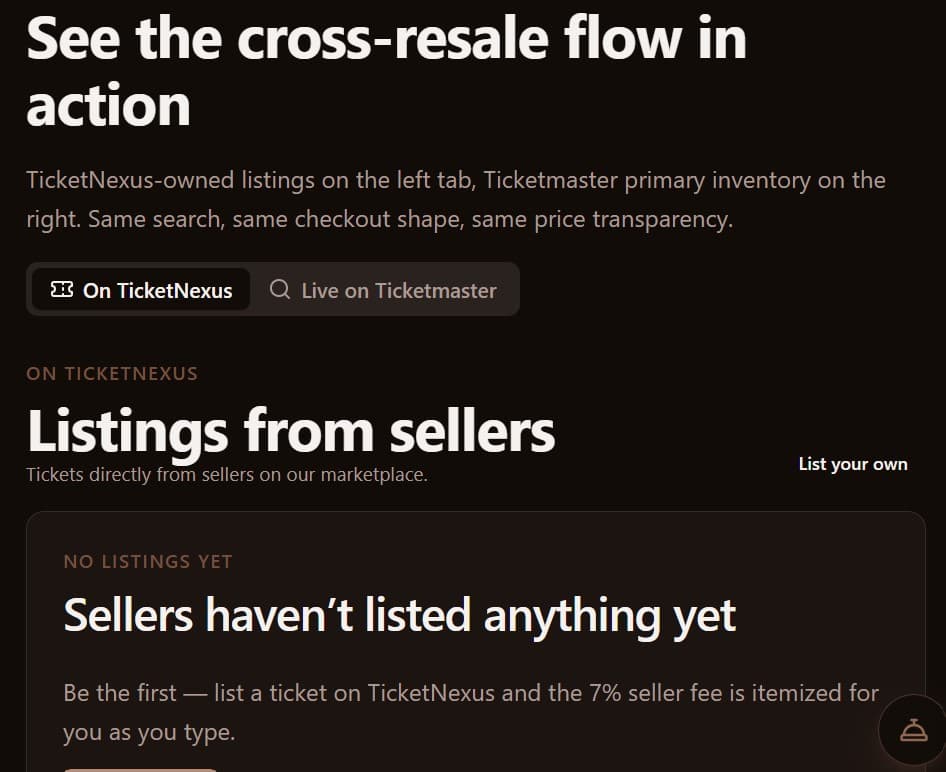 Cross-resale flow demo — TicketNexus listings tab side by side with Ticketmaster live inventory